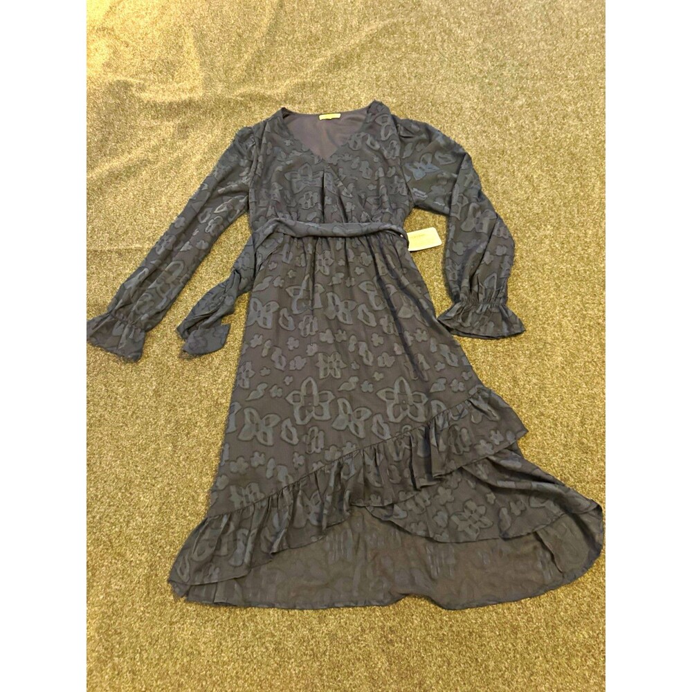 Tea n Rose Floral Midi Dress Navy V-Neck Long Sleeve Ruffle Lined Chiffon XL